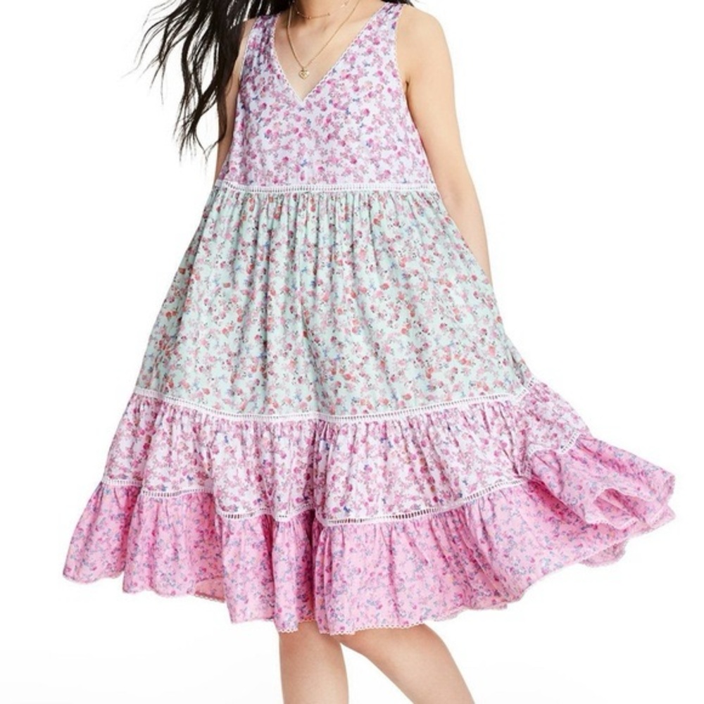 LoveShackFancy - Camille Boho Floral Babydoll Dress Pink Tiered - Size L - EUC
